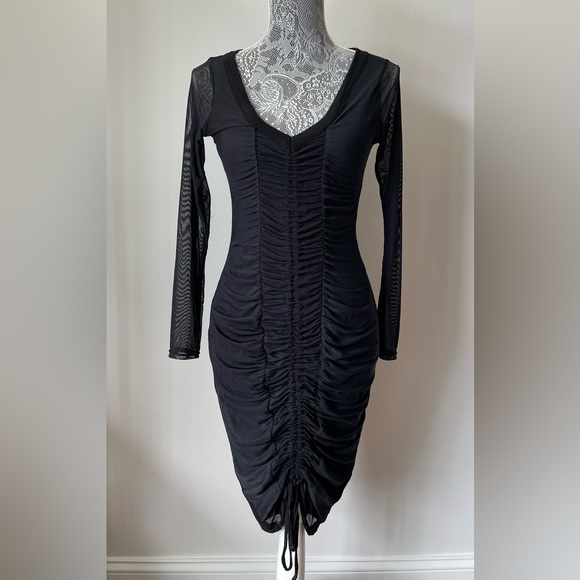 Boohoo Night Black Ruched Midi Bodycon Dress with Drawstrings - Picture 1 of 5